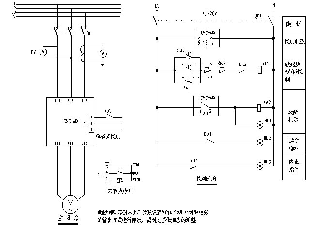 CMC-MX內(nèi)置旁路軟起動(dòng)器基本接線原理圖、三角形內(nèi)接連接圖和典型應(yīng)用接線圖(圖3)